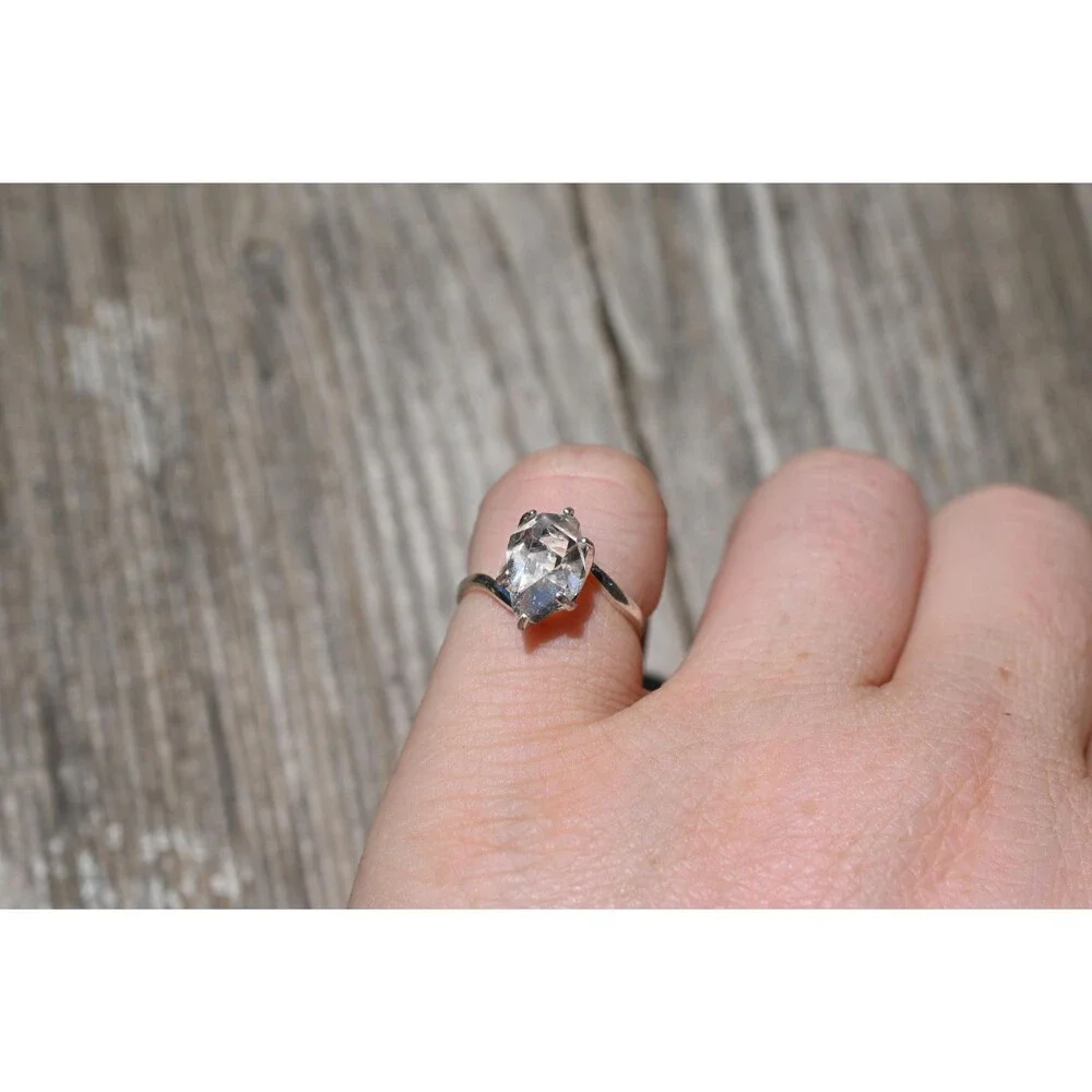 Raw Herkimer Diamond Ring – Natural Quartz Crystal Solitaire – Sterling Silver H